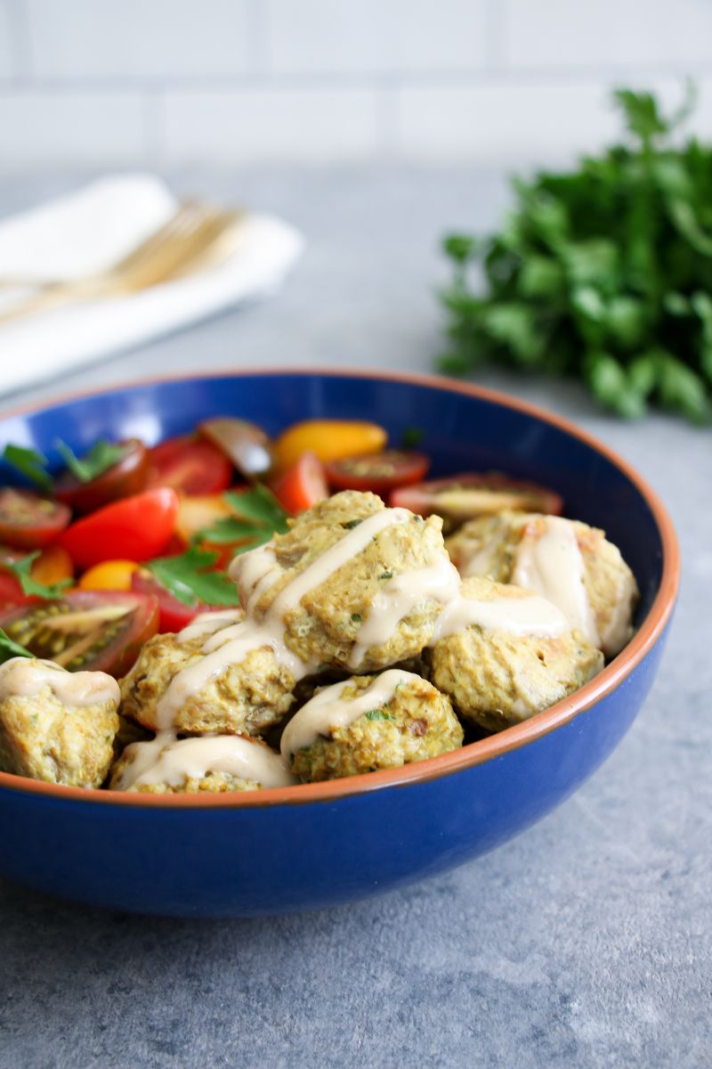 Baked Chicken Meatballs with Tahini Dressing