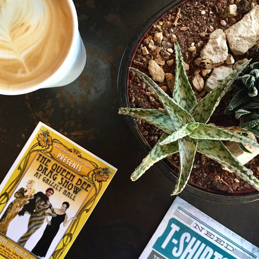 Coffee, succulent, and leaflets on a black wooden background.
