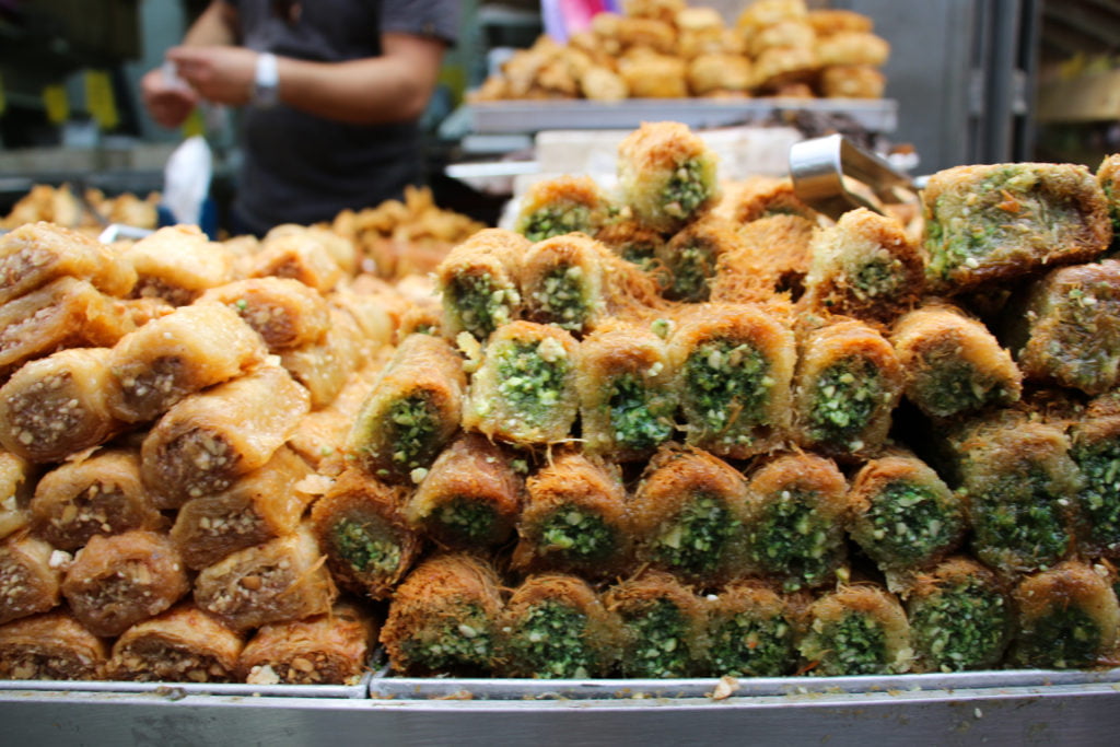 Piles of baklava at Mahane Yehuda Market in Jerusalem.  