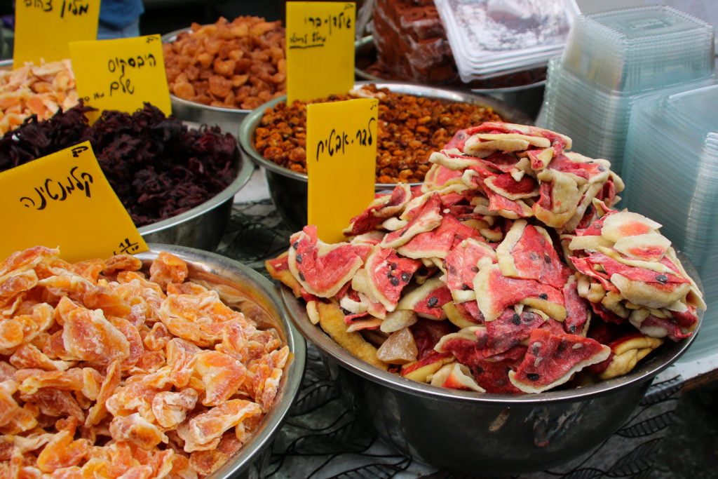 Dried watermelon in a stainless steel bowl at Mahane Yehuda