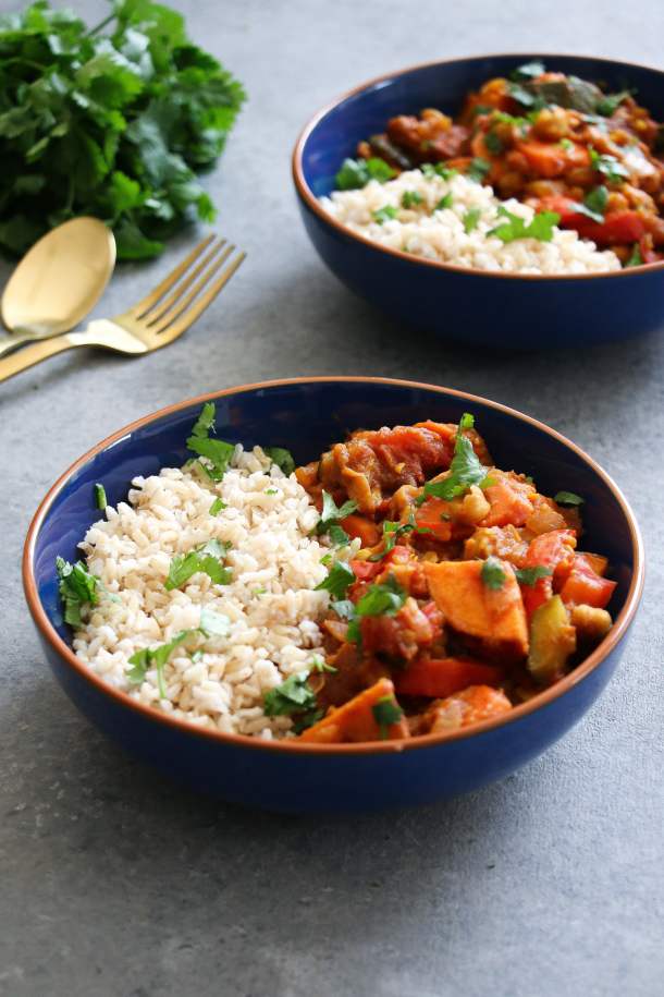Moroccan vegetable chickpea tagine in a bowl.