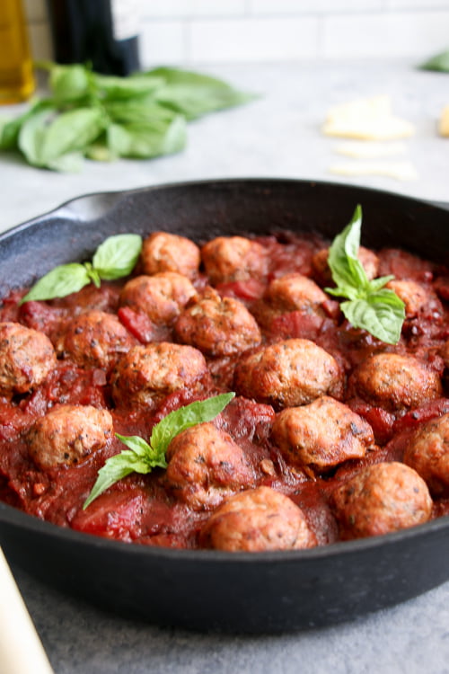 GF turkey meatballs in a rich and spicy tomato sauce.