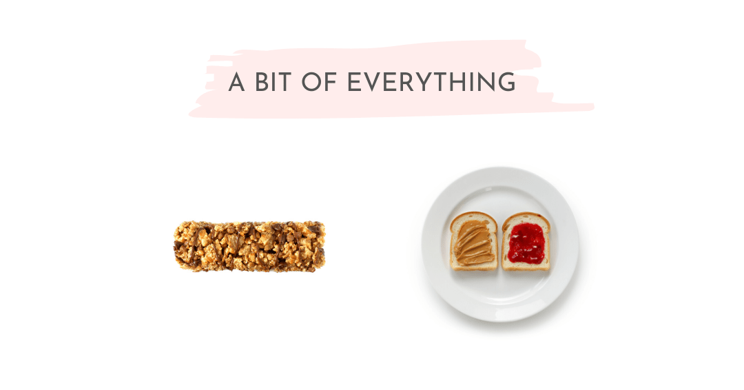 Whole food-based bar and a PB and J sandwich on a white background.